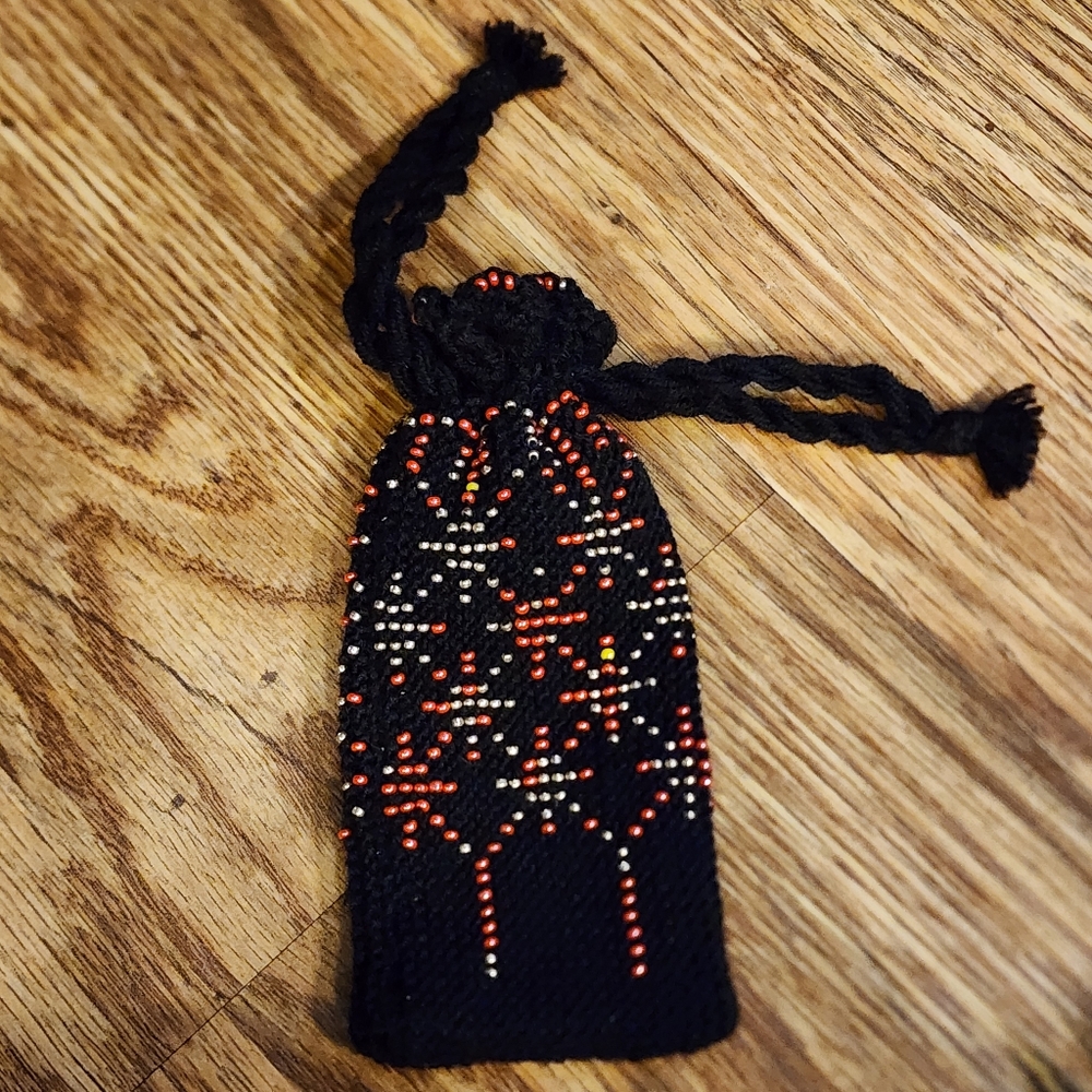 Beaded Black Drawstring Pouch